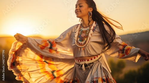 Young Native American woman dancing in traditional dress