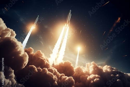 Rockets ascend above brilliant stars, symbolizing space exploration. Imagery sourced from NASA. Generative AI