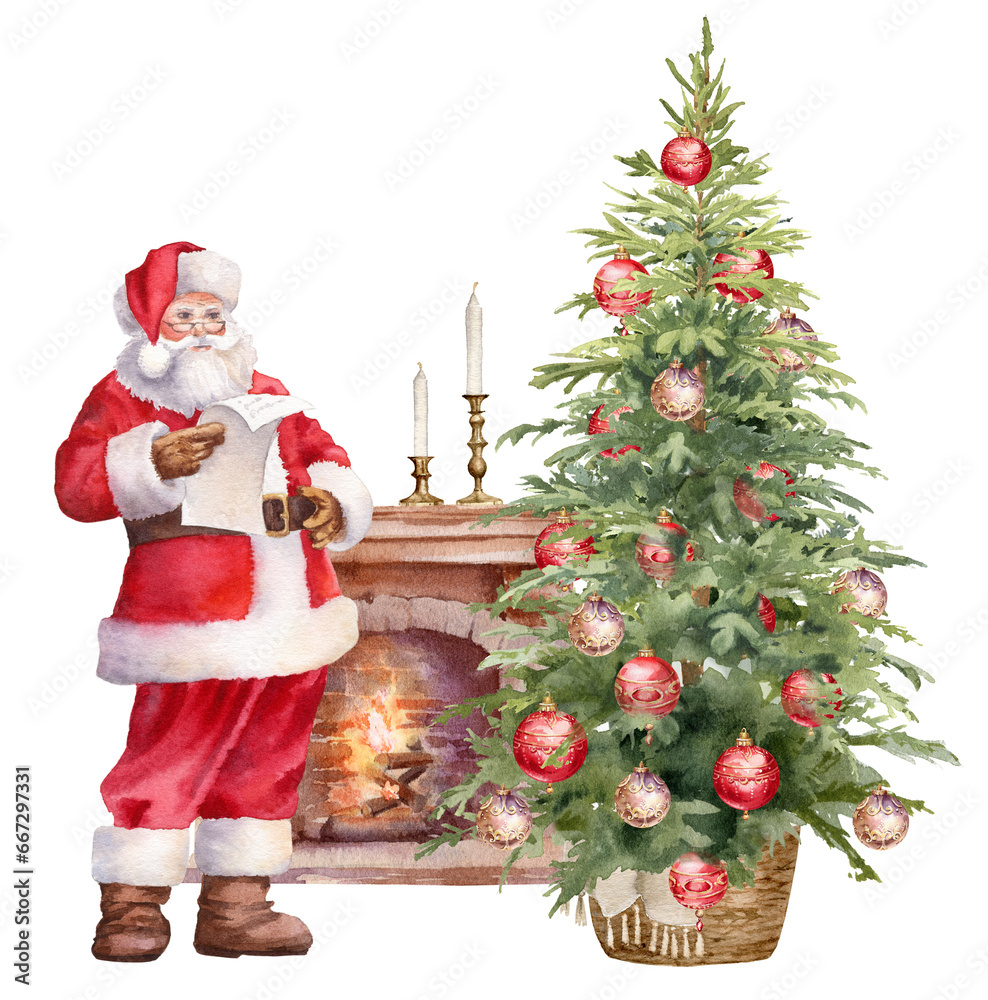 Watercolor Christmas illustration. Santa Claus stands near the fireplace and Christmas tree reading a letter. Santa clipart PNG Watercolor Christmas illustration. Santa Claus stands near the fireplace and Christmas tree reading a letter. Santa clipart PNG