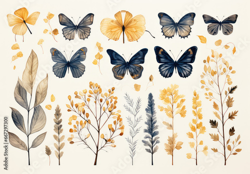 Kolekcja ziół i motyli namalowanych akwarelą