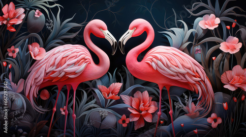 Swa różowe zakochane flamingi stojące w tropikalnym lesie. 