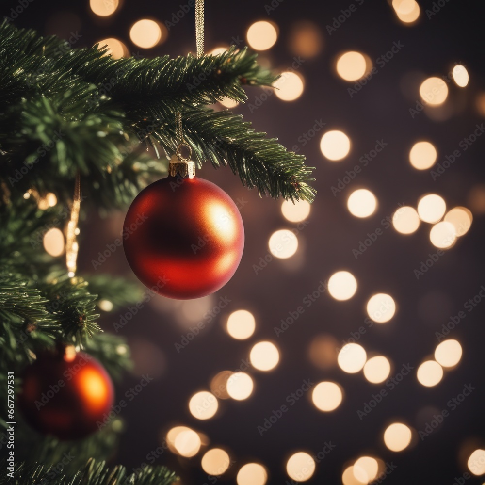 Close-UP of Christmas Tree, Red Ornaments against a Defocused Lights Background Close-UP of Christmas Tree, Red Ornaments against a Defocused Lights Background