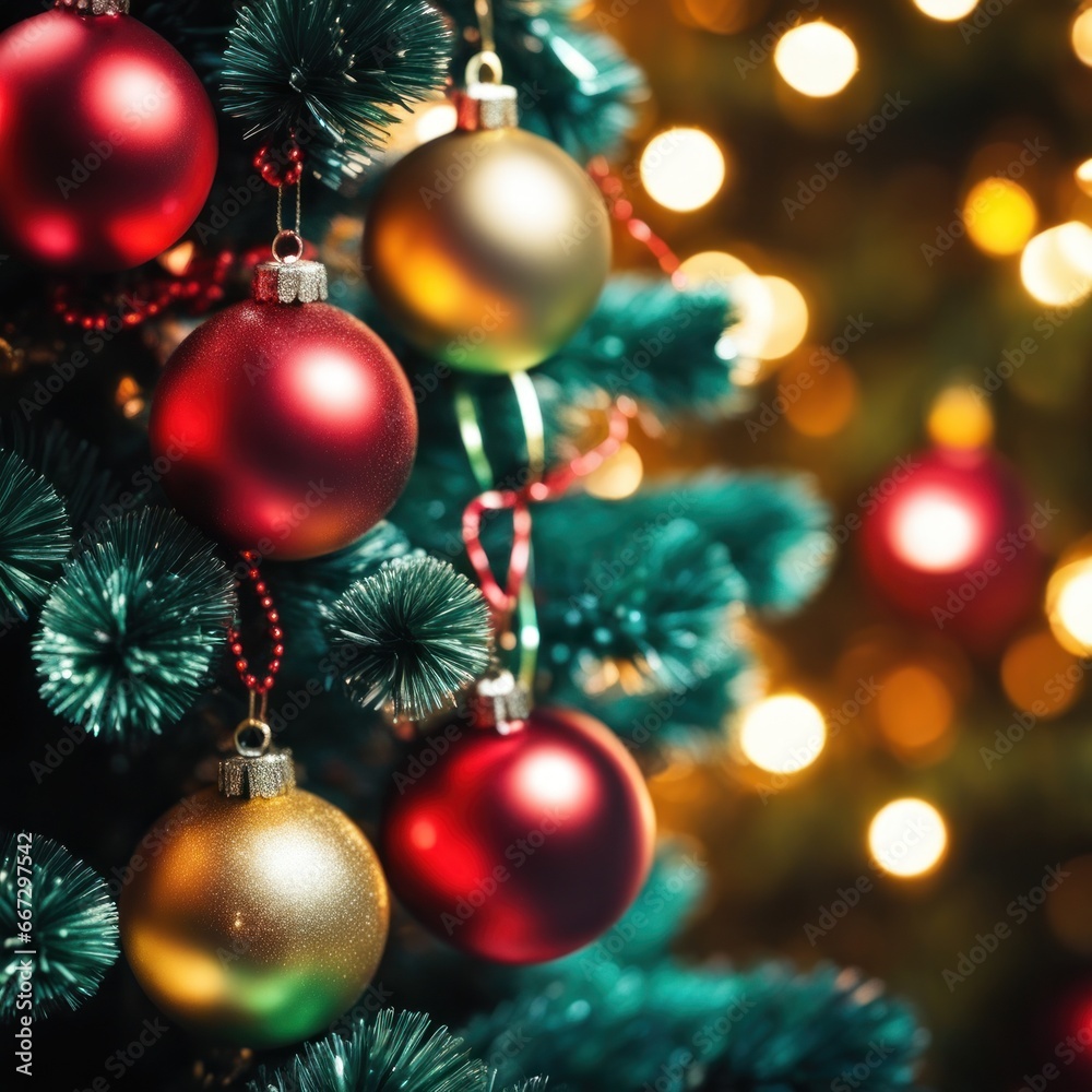 Close-UP of Christmas Tree, Red and Golden Ornaments against a Defocused Lights Background