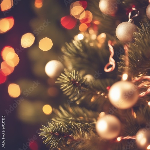 Close-UP of Christmas Tree  Gold Ornaments against a Defocused Lights Background