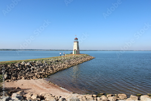 Oklahoma City, Oklahoma, USA; October 23 2023: Lake Hefner the Lighthouse at East Wharf constructed in 1999. photo