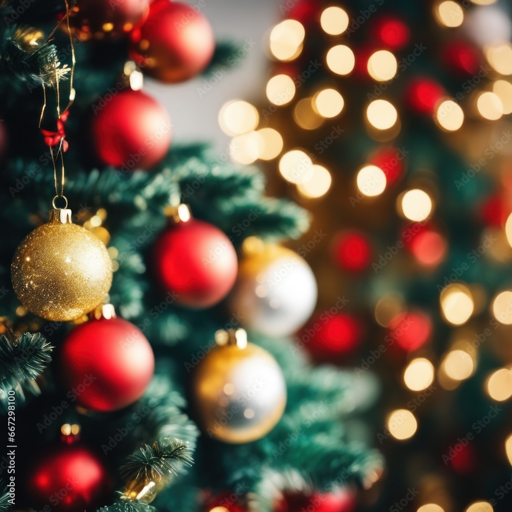 Close-UP of Christmas Tree, Red and Golden Ornaments against a Defocused Lights Background