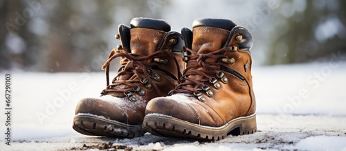 Hiking boots in snow close up