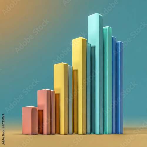 Abstract 3D growth chart ascending coloured bars on solid colour background