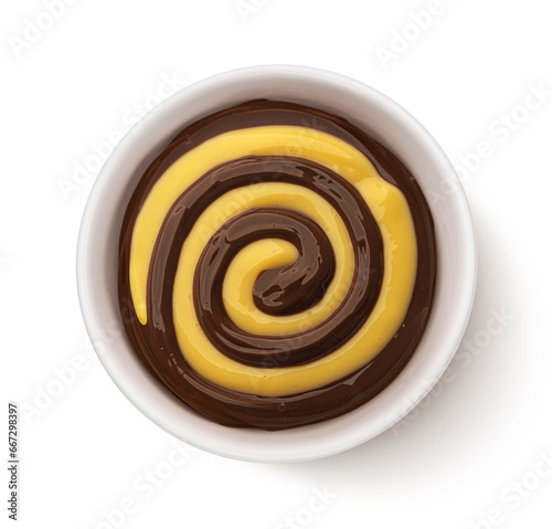 Chocolate and vanilla cream swirl isolated on white background, top view