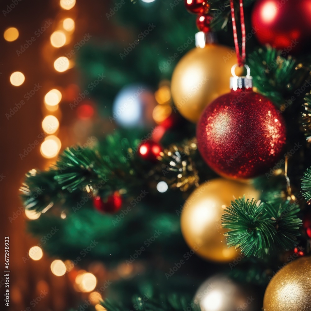 Close-UP of Christmas Tree, Red and Golden Ornaments against a Defocused Lights Background Close-UP of Christmas Tree, Red and Golden Ornaments against a Defocused Lights Background