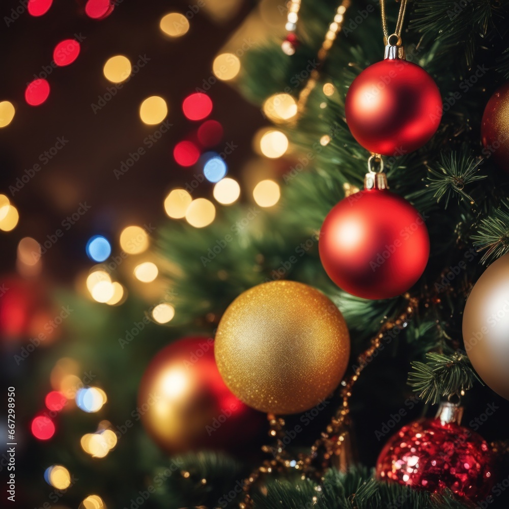 Close-UP of Christmas Tree, Red and Golden Ornaments against a Defocused Lights Background