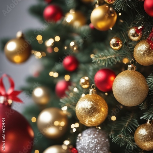 Close-UP of Christmas Tree  Red and Golden Ornaments against a Defocused Lights Background