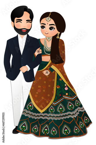 Bride and groom cute couple indian dress cartoon character