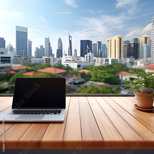 Laptop on blurred city background