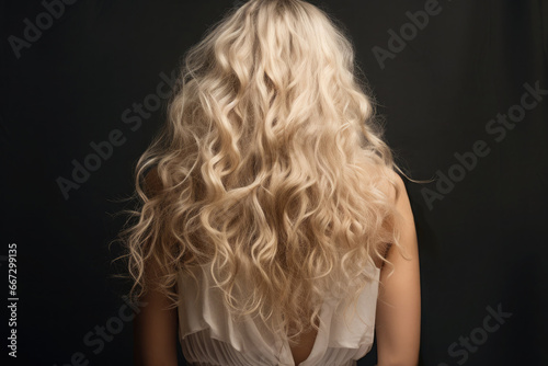 Back view young woman with long blond curly hair at back on studio background.