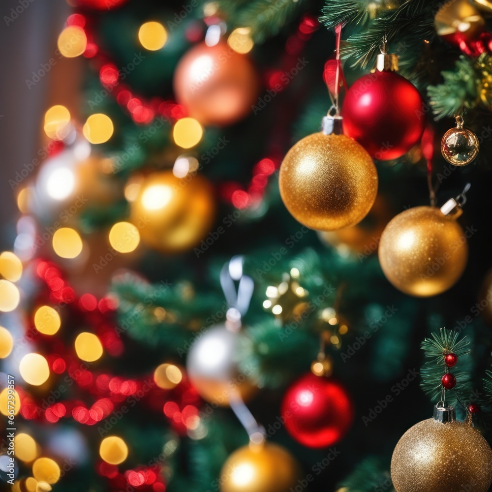 Close-UP of Christmas Tree, Red and Golden Ornaments against a Defocused Lights Background