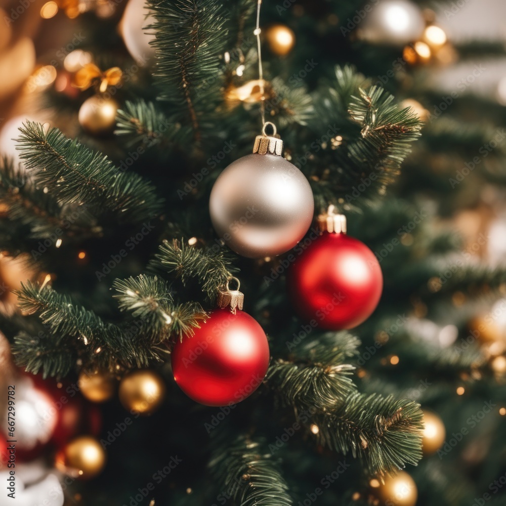 Close-UP of Christmas Tree, Red and Golden Ornaments against a Defocused Lights Background Close-UP of Christmas Tree, Red and Golden Ornaments against a Defocused Lights Background
