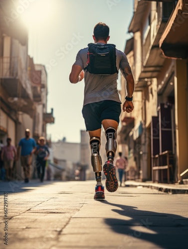Person on prosthetic limbs, rehabilitation, body part replacement, artificial motion support, medical care, transplant, crutches, happy living, back on your feet again