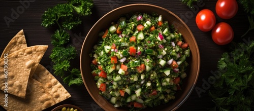 Lebanese salad with tabbouleh and fattouch viewed from above photo