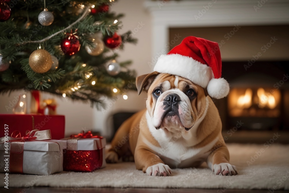 A playful bulldog adorned with a whimsical Santa hat, romps on a cozy sofa in the heart of a lovingly decorated living room