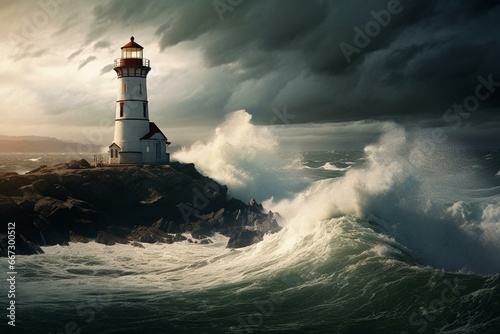 Stormy weather at the coast with a lighthouse and waves. Generative AI