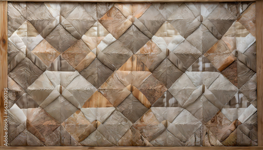 modern quilted wall hanging abstract pattern earth tones natural light from a nearby window textural high res detail of stitch work