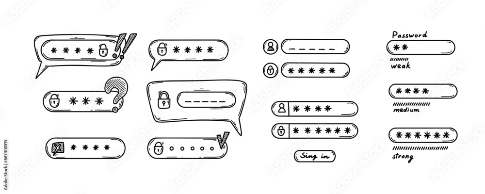 Verification doodle. Password weak, medium and strong interface. Login icon. Cybersecurity hand drawn concept. Personal data access lock. - obrazy, fototapety, plakaty 