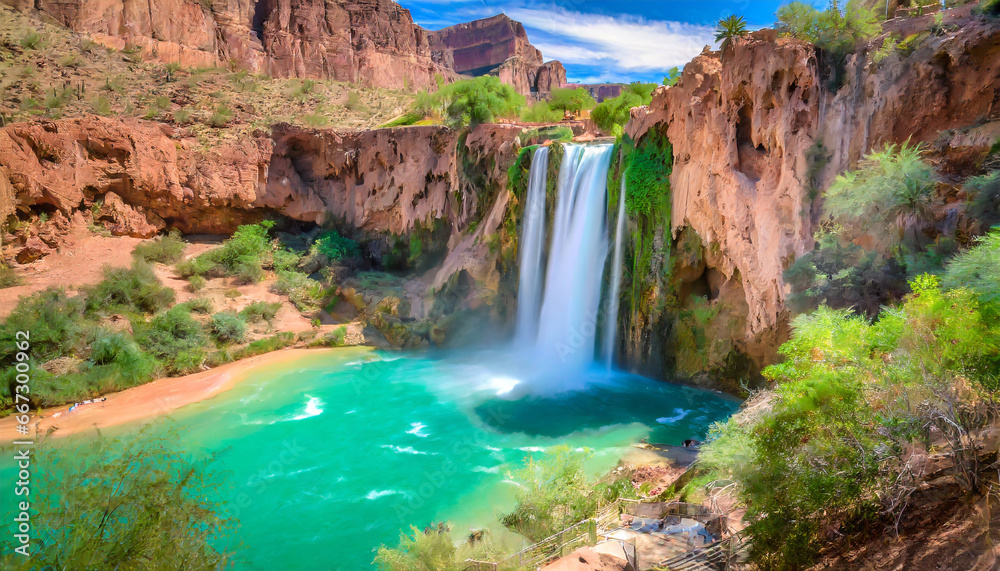 a view of havasu falls from the hillside above the falls the turquoise colored water flowing in to the pool below is surreal and one of a kind in the desert of arizona - obrazy, fototapety, plakaty 