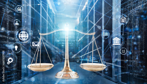digital law concept with law scales on data center background showcasing duality of judiciary jurisprudence justice and data in the modern world with copy space photo