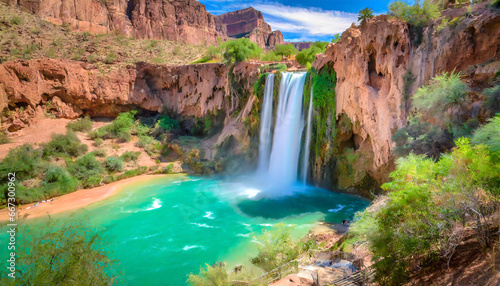 a view of havasu falls from the hillside above the falls the turquoise colored water flowing in to the pool below is surreal and one of a kind in the desert of arizona photo