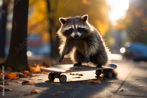 Smart raccoon rides a long board  rides very fast with speed on a skateboard on a autumn vacation near on park road with cheerful pleasure enjoyment. Pet time spending advert concept
