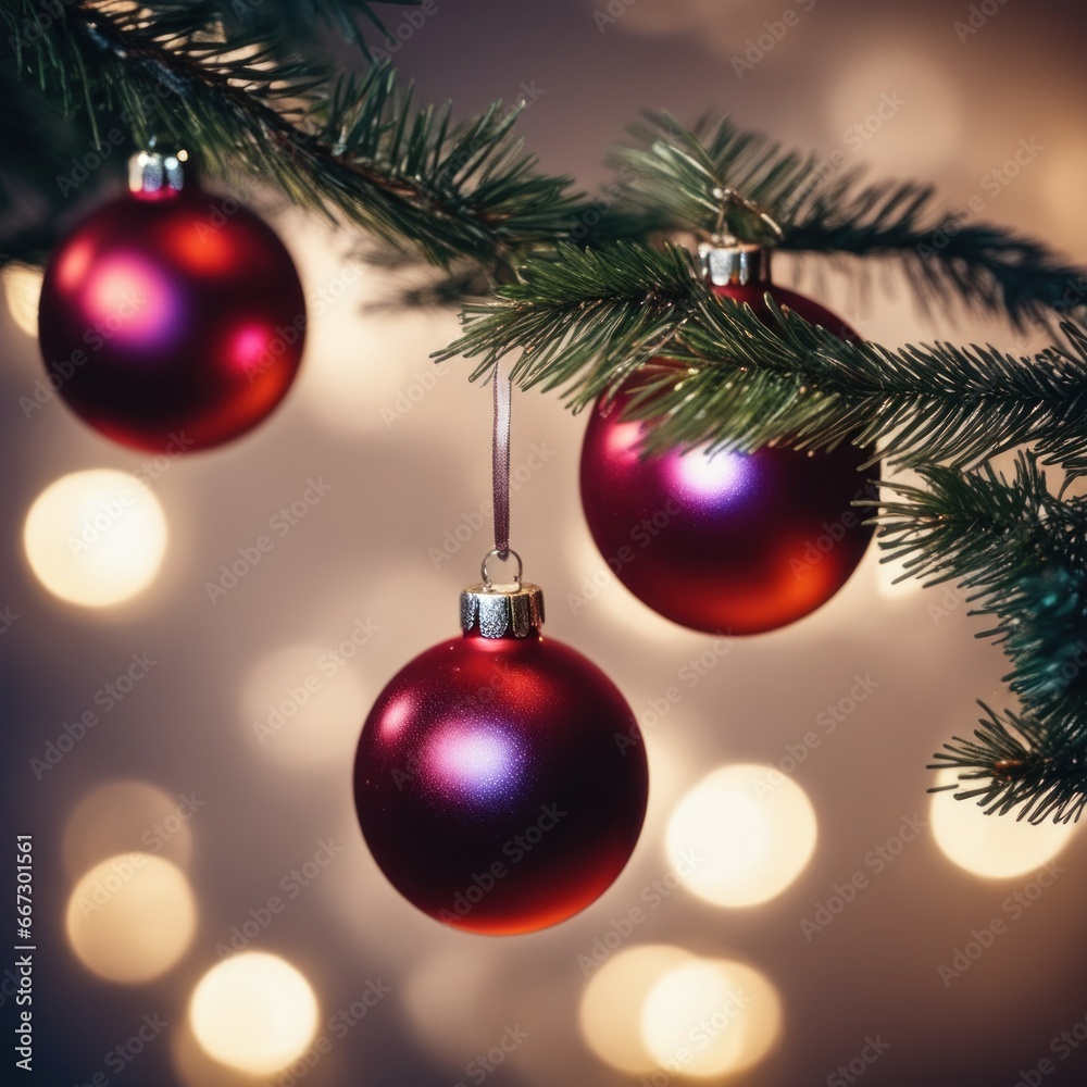 Close-UP of Christmas Tree, Red Ornaments against a Defocused Lights Background Close-UP of Christmas Tree, Red Ornaments against a Defocused Lights Background