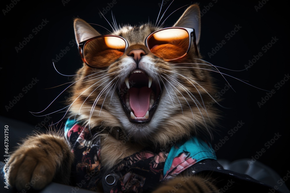 cats portrait with sunglasses, Funny animals in a group together looking at the camera, wearing clothes, having fun together, taking a selfie, An unusual moment full of fun and fashion consciousness. cats portrait with sunglasses, Funny animals in a group together looking at the camera, wearing clothes, having fun together, taking a selfie, An unusual moment full of fun and fashion consciousness.