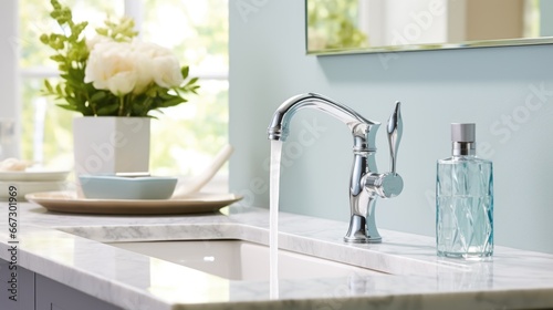 A bathroom sink with a faucet and a vase of flowers, AI