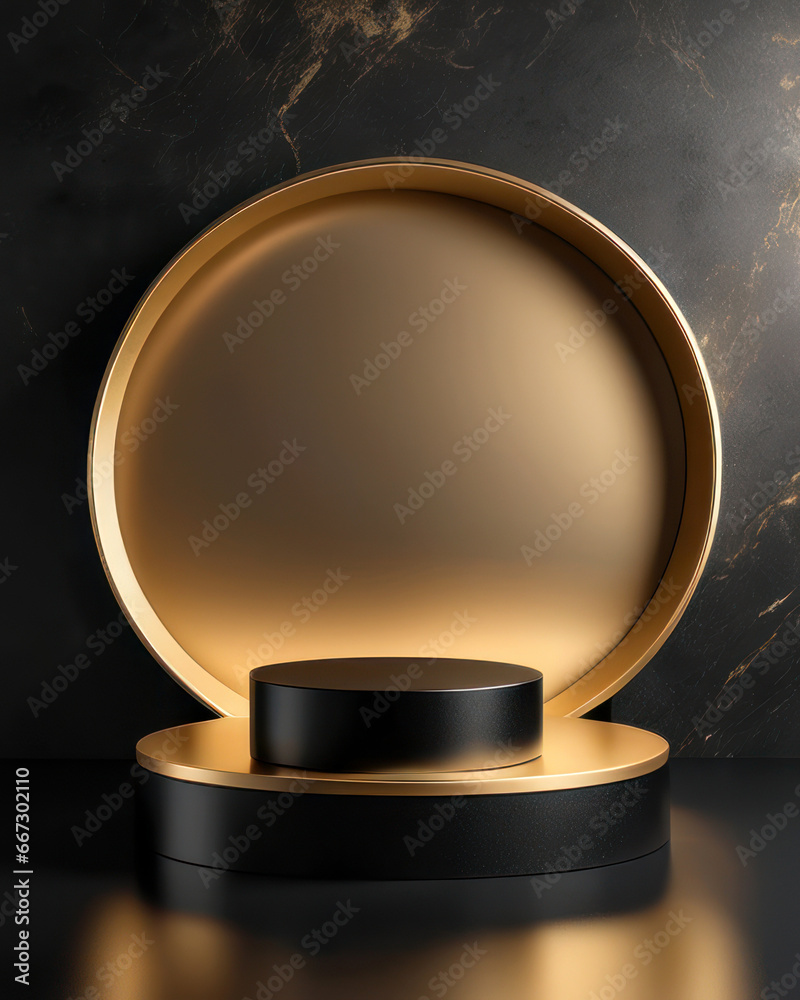 Black Luxury Gold Empty Podium Background With Presentation Product Stand Or Abstract Gold Cosmetic Display On Pedestal And Premium Modern Round Showcase On Elegant Mockup Background