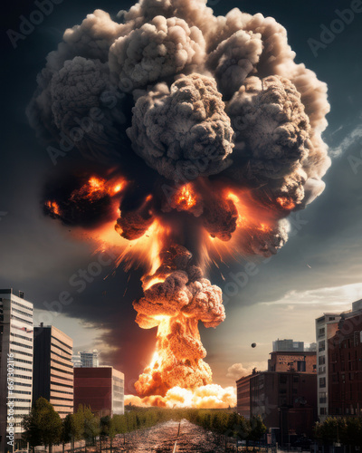 Explosion Of Nuclear Bomb In The City. End Of World Illustration. Nuclear War Threat Concept