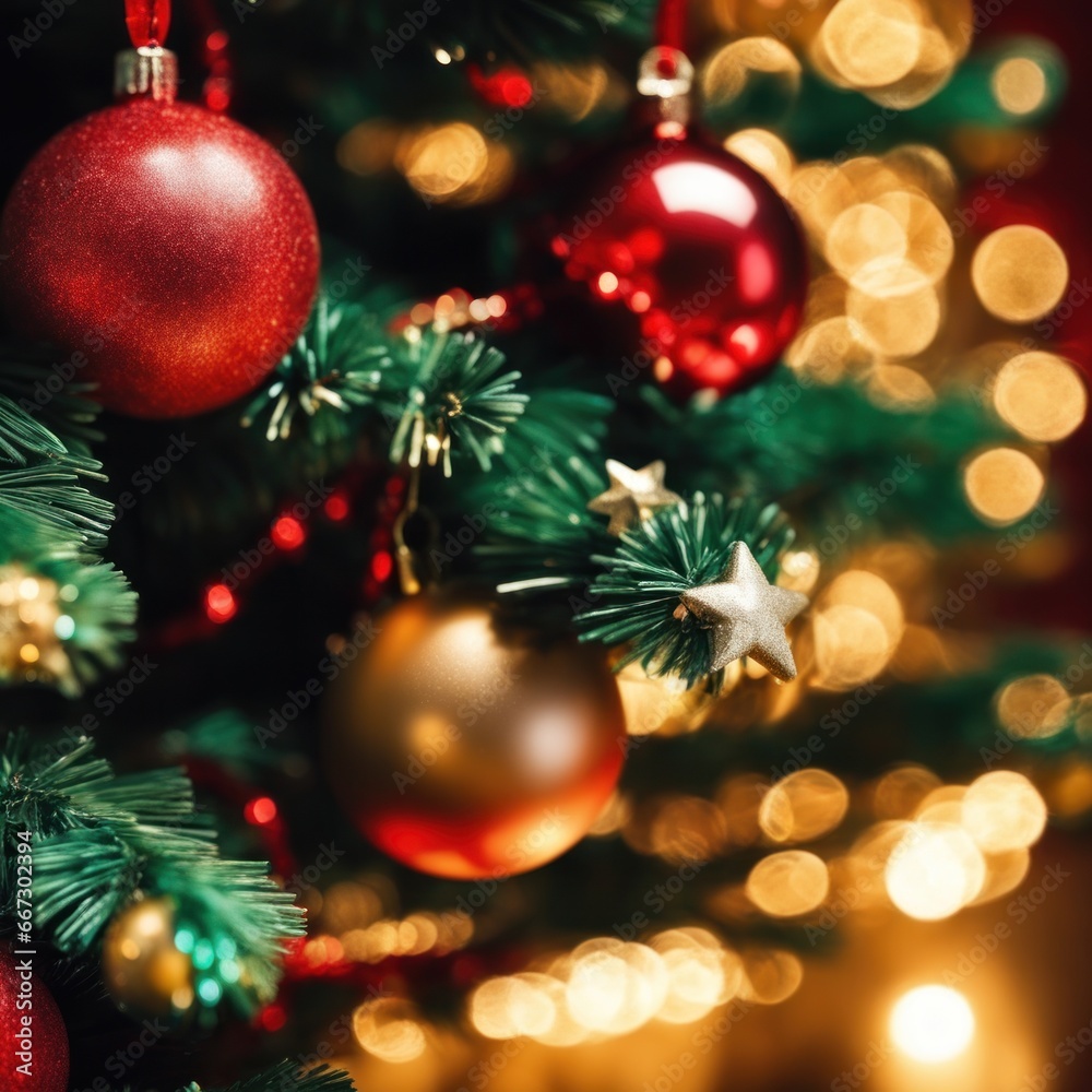 Close-UP of Christmas Tree, Red and Golden Ornaments against a Defocused Lights Background Close-UP of Christmas Tree, Red and Golden Ornaments against a Defocused Lights Background