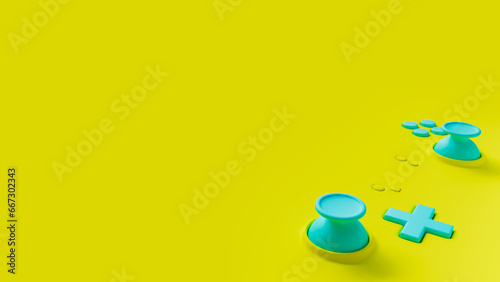 Green video game controller with blue buttons and analog sticks, 3d illustration