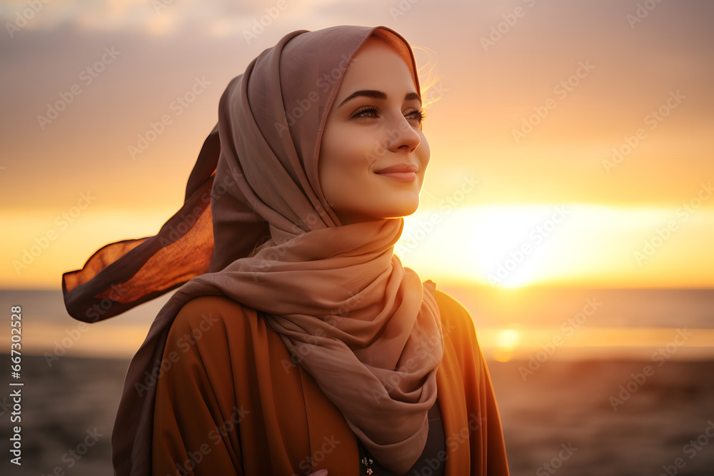 Portrait of a Confident and Smiling Muslim Woman in Traditional Hijab at sunset Portrait of a Confident and Smiling Muslim Woman in Traditional Hijab at sunset