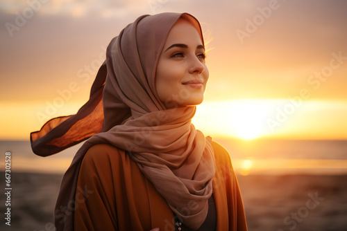 Portrait of a Confident and Smiling Muslim Woman in Traditional Hijab at sunset