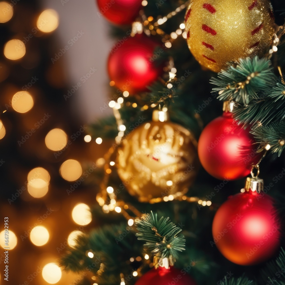 Close-UP of Christmas Tree, Red and Golden Ornaments against a Defocused Lights Background