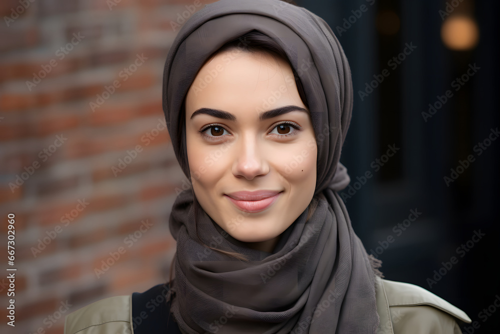 Portrait of a Happy Muslim Woman wearing hijab: Smiles on the Street Portrait of a Happy Muslim Woman wearing hijab: Smiles on the Street