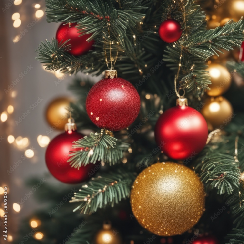 Close-UP of Christmas Tree, Red and Golden Ornaments against a Defocused Lights Background