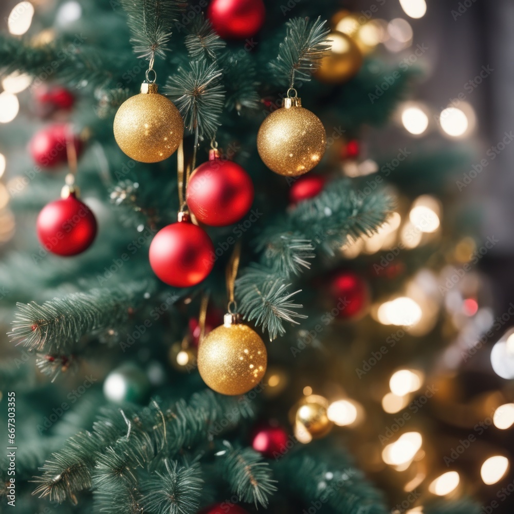 Close-UP of Christmas Tree, Red and Golden Ornaments against a Defocused Lights Background Close-UP of Christmas Tree, Red and Golden Ornaments against a Defocused Lights Background