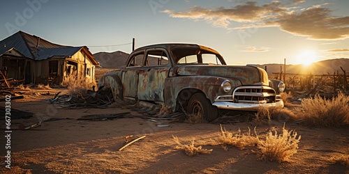 A series of abandoned cars in a drought - stricken ghost town, paint peeling and rust setting in, detail on decaying materials