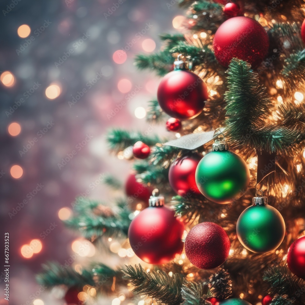 Close-UP of Christmas Tree, Red and Green Ornaments against a Defocused Lights Background Close-UP of Christmas Tree, Red and Green Ornaments against a Defocused Lights Background
