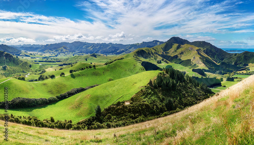 high resolution panoramic landscape with green hills in new zealand northern island © Marsha