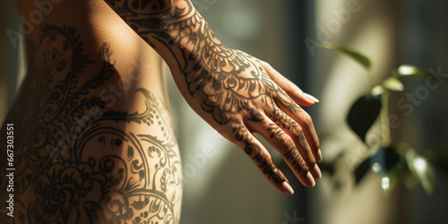 hand tattoo, featuring intricate henna designs, daylight spilling from a window