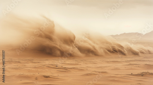 Dust storm rolling in over an arid landscape, natural sepia tones, texture in the swirling dust captured in high detail