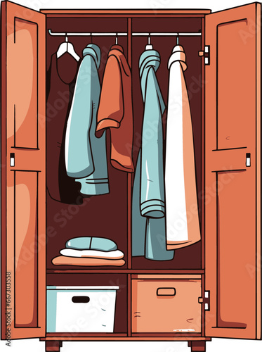 A minimalist, flat color vector depiction of a comic-style wardrobe, combining simplicity and vibrant tones.